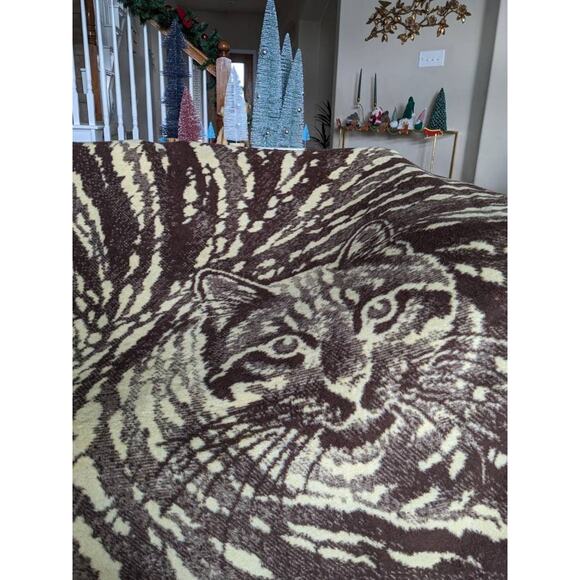 vintage KITTY CAT Print Reversible BLANKET fleece cream brown animal print - Picture 5 of 9